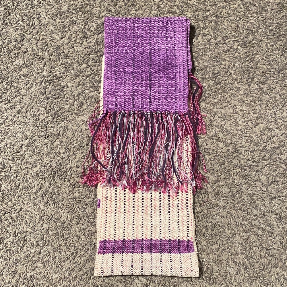 Purple and Cream Colorblock Fringe Scarf - Women's Wrap - Picture 3 of 3